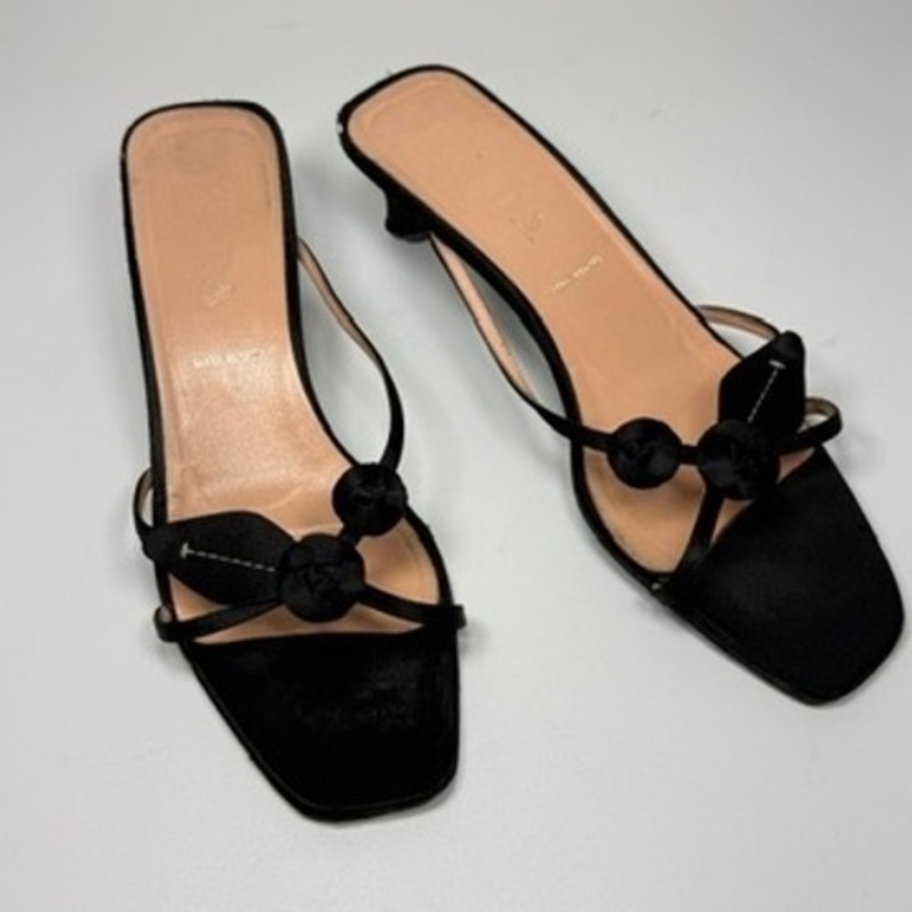Prada Womens 39.5 Black Satin Strappy Kitten Heel Sandals Mules Y2K Italy - Picture 2 of 16